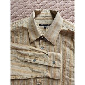 BCBG MaxAzria Men's Long Sleeve Tan Striped Shirt, (16 34/35) Size L